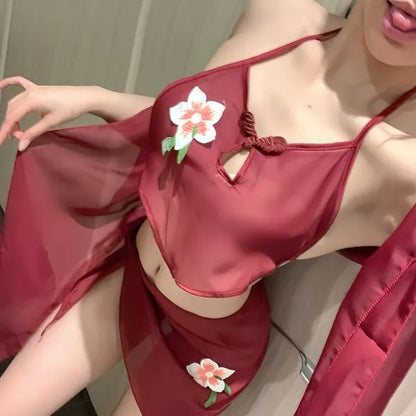 Silk Cheongsam Lounge Set - Floral Embroidered Halter Coord + Sheer Cape (Dusty Pink/Imperial Red) PPF0380