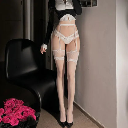 Stockings & Fishnet Tights One-Piece - Ultra Thin Lace Trim, Sexy Garter Stockings for Women (Black/White/Red/Gradient) | Stretchy Thigh-High Pantyhose, Bridal & Lingerie Essentials PPF0325