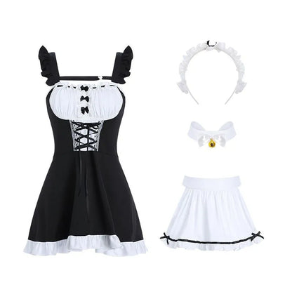 Vintage Parlor Maid Uniform - Lace Trim Apron & Bell Choker Set in Classic Black PPF0360
