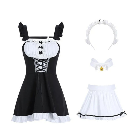 Vintage Parlor Maid Uniform - Lace Trim Apron & Bell Choker Set in Classic Black PPF0360