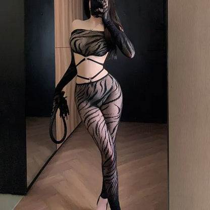Wildlife-Inspired Mesh Ensemble - Leopard Print Catsuit + Ears (Festival-Ready) PPF0379