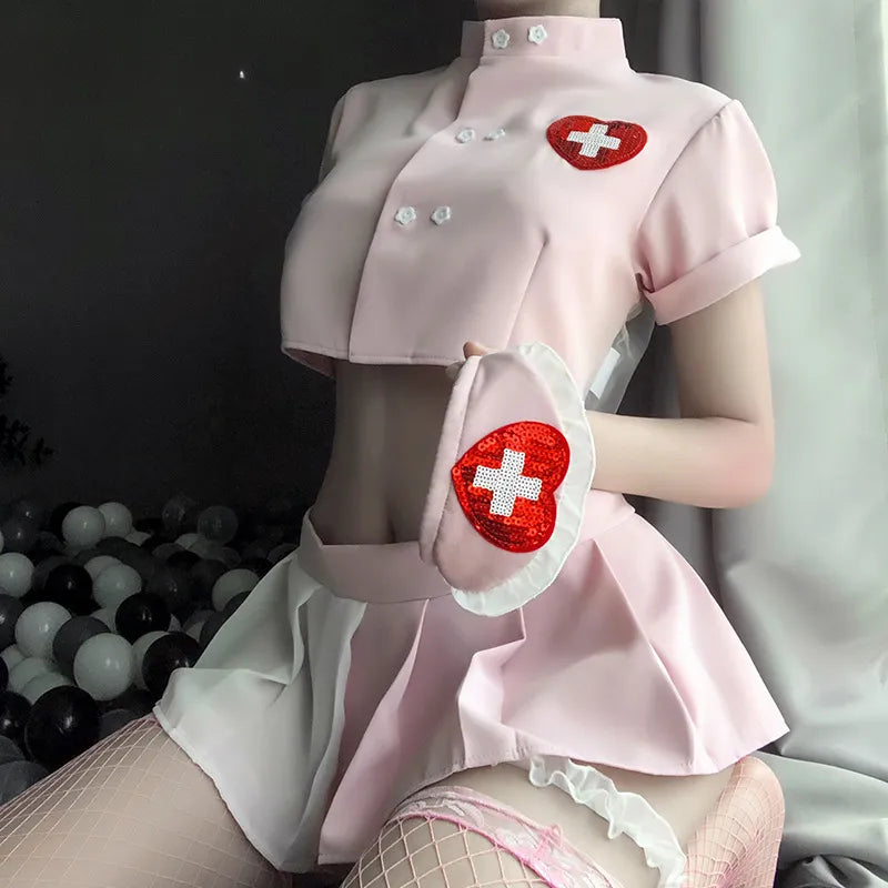pink nurse cosplay lingerie with headband